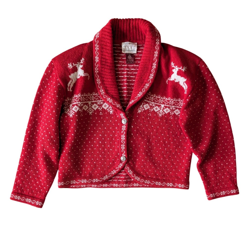 Vintage Susan Bristol 1989 100% Wool Reindeer Holiday Cardigan Sweater Red- L